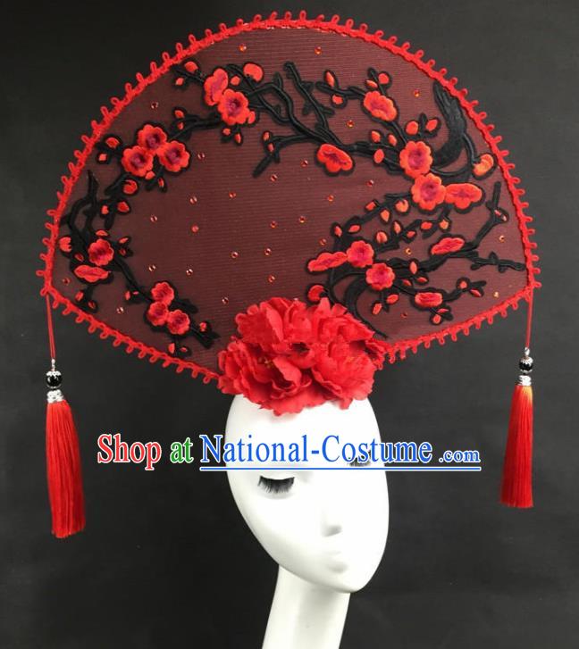 Chinese Traditional Catwalks Exaggerated Headdress Palace Red Wintersweet Hair Accessories for Women