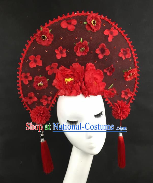 Chinese Traditional Catwalks Exaggerated Headdress Palace Red Peony Hair Accessories for Women