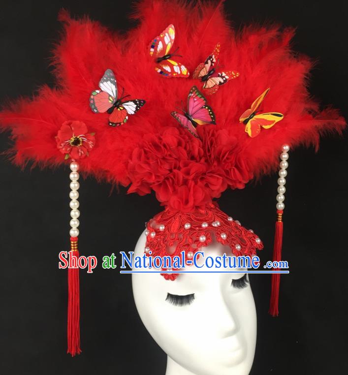 Chinese Traditional Catwalks Exaggerated Headdress Palace Red Feather Hair Accessories for Women