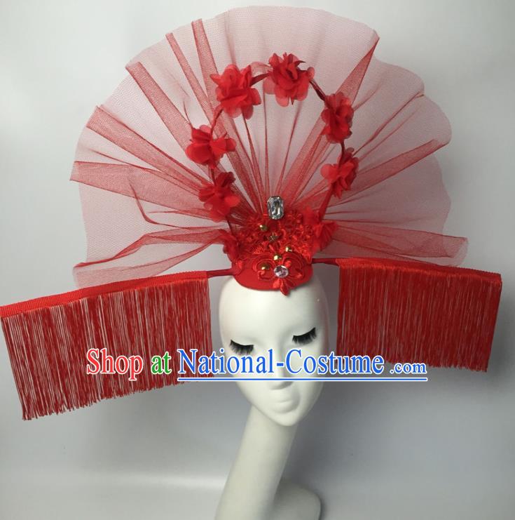 Chinese Traditional Catwalks Exaggerated Headdress Palace Red Veil Hair Accessories for Women