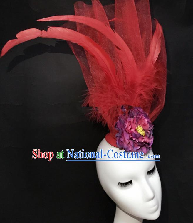 Top Grade Catwalks Hair Accessories Halloween Brazilian Carnival Red Feather Headdress for Women