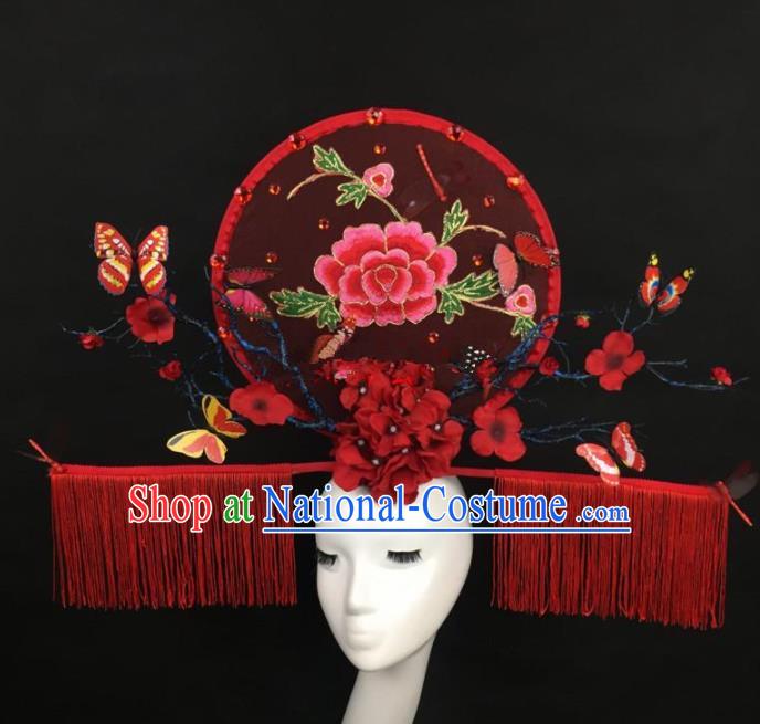 Chinese Traditional Exaggerated Palace Headdress Catwalks Embroidered Peony Red Hair Accessories for Women