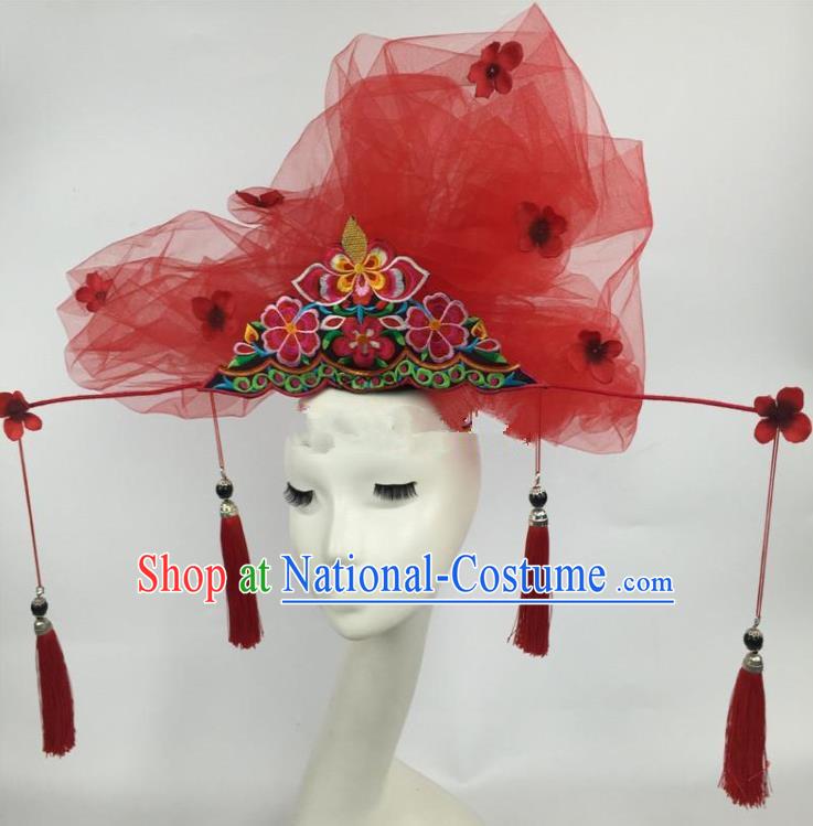 Chinese Traditional Catwalks Exaggerated Red Veil Headdress Palace Hair Accessories for Women