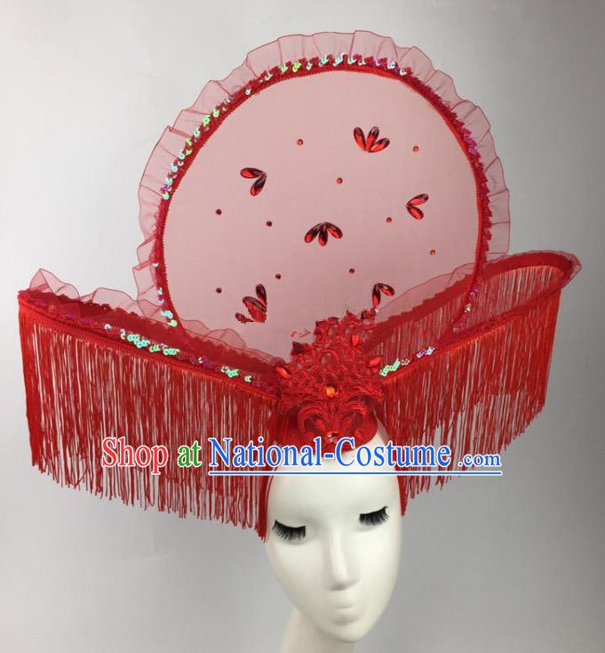 Chinese Traditional Catwalks Exaggerated Red Tassel Headdress Palace Hair Accessories for Women