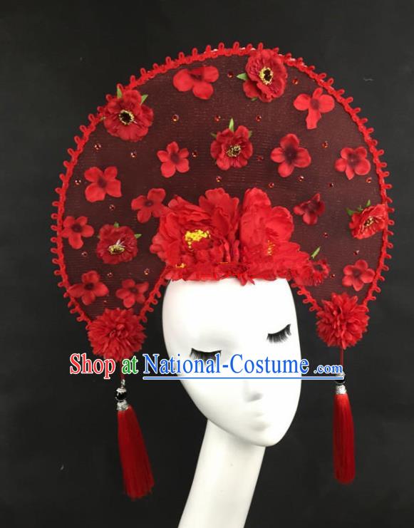 Chinese Traditional Catwalks Exaggerated Red Peony Headdress Palace Hair Accessories for Women