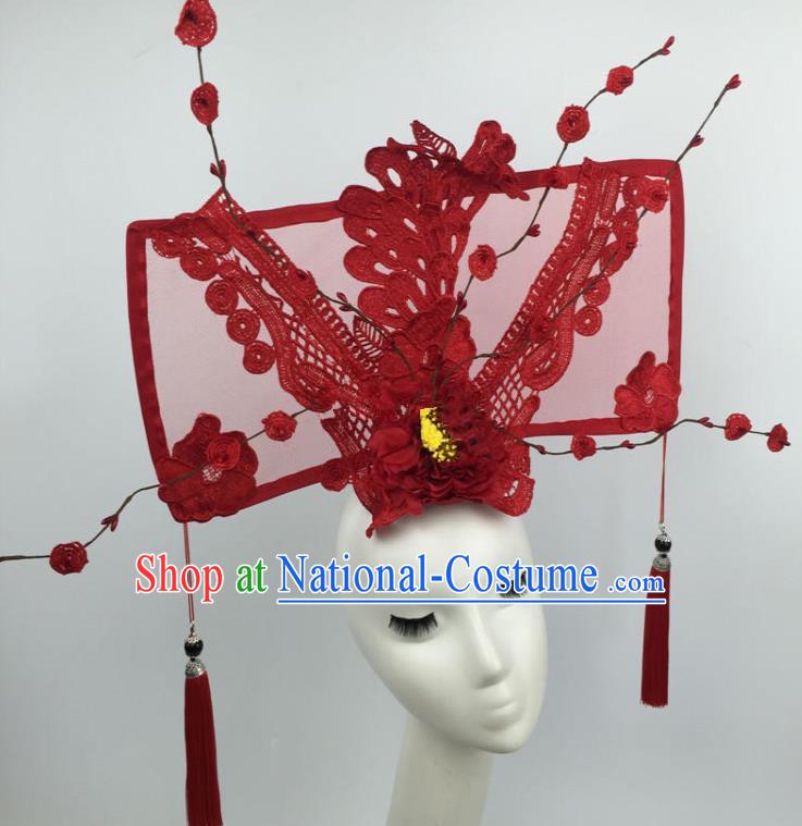 Chinese Traditional Catwalks Exaggerated Red Lace Headdress Palace Hair Accessories for Women