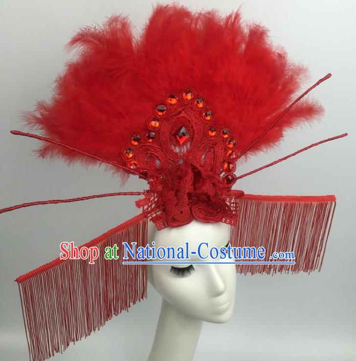 Chinese Traditional Catwalks Exaggerated Red Feather Headdress Palace Hair Accessories for Women