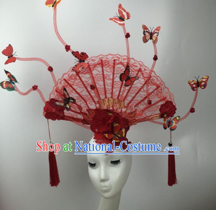 Chinese Traditional Catwalks Exaggerated Red Lace Butterfly Headdress Palace Hair Accessories for Women