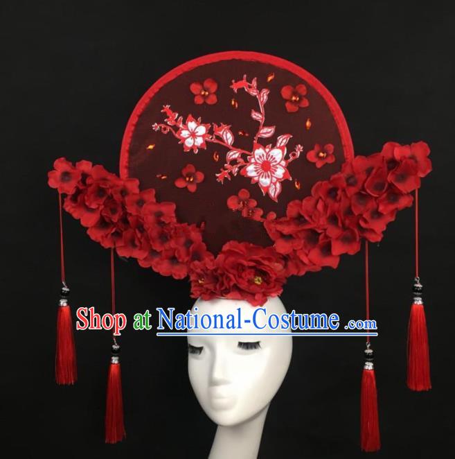 Chinese Traditional Exaggerated Palace Headdress Catwalks Embroidered Red Flowers Hair Accessories for Women