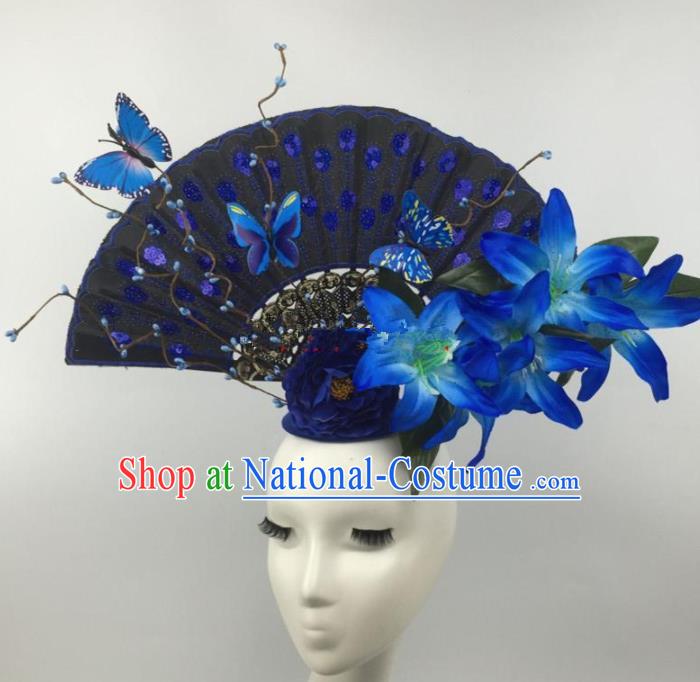 Chinese Traditional Catwalks Blue Lily Flowers Headdress Palace Exaggerated Hair Accessories for Women