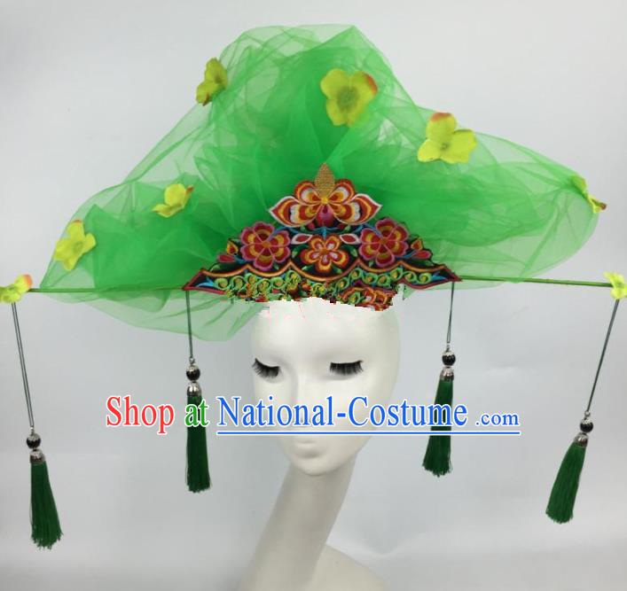 Chinese Traditional Catwalks Green Veil Headdress Palace Exaggerated Hair Accessories for Women