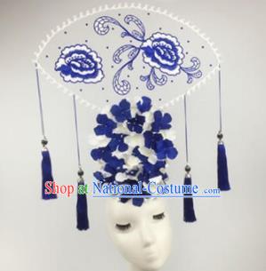 Chinese Traditional Catwalks Blue Peony Headdress Palace Exaggerated Hair Accessories for Women