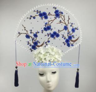 Chinese Traditional Catwalks Blue Wintersweet Headdress Palace Exaggerated Hair Accessories for Women