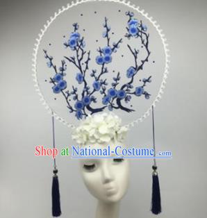 Chinese Traditional Catwalks Embroidered Blue Wintersweet Headdress Palace Exaggerated Hair Accessories for Women