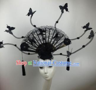 Chinese Traditional Catwalks Black Lace Butterfly Headdress Palace Exaggerated Hair Accessories for Women