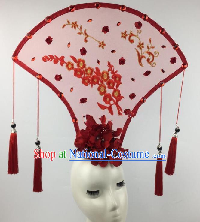 Chinese Traditional Exaggerated Palace Headdress Catwalks Red Plum Hair Accessories for Women