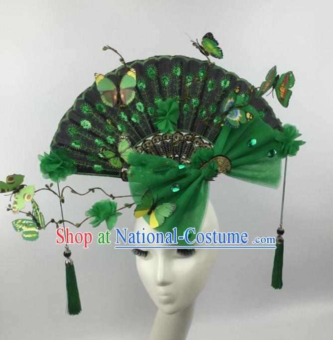 Chinese Traditional Exaggerated Palace Headdress Catwalks Green Lace Bowknot Hair Accessories for Women