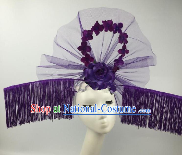 Chinese Traditional Exaggerated Palace Headdress Catwalks Purple Veil Tassel Hair Accessories for Women