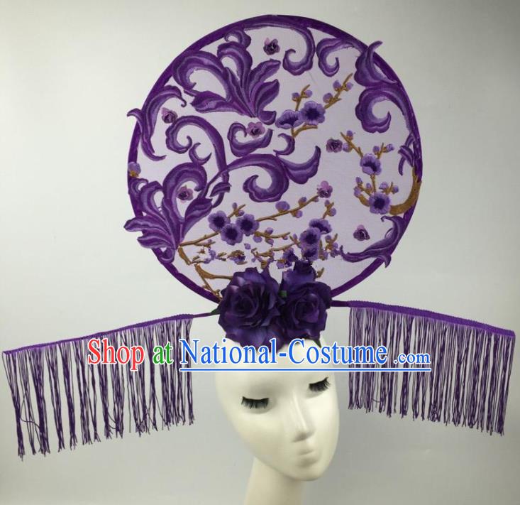 Chinese Traditional Exaggerated Palace Headdress Catwalks Embroidered Purple Wintersweet Hair Accessories for Women