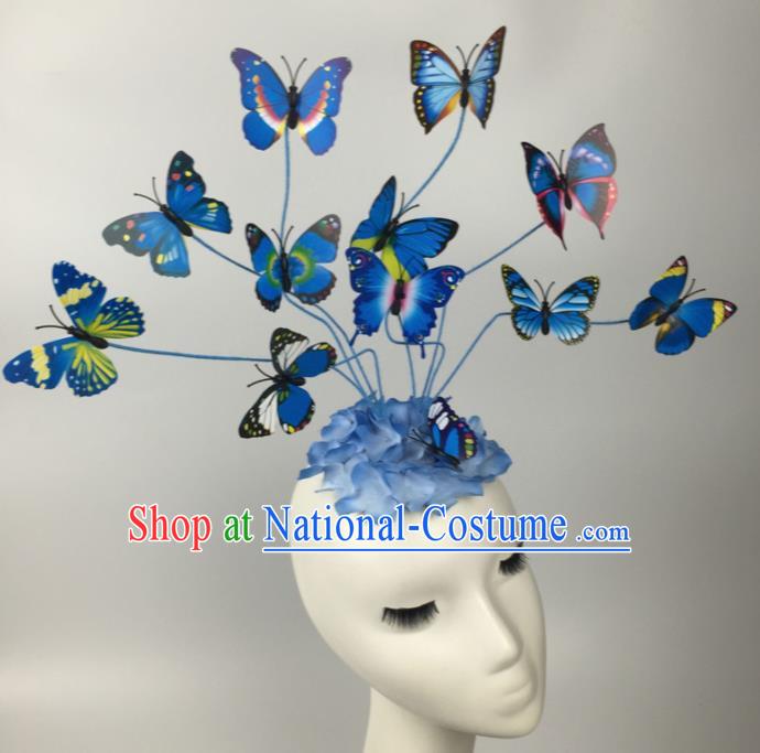 Top Grade Halloween Catwalks Headdress Brazilian Carnival Blue Butterfly Hair Accessories for Women