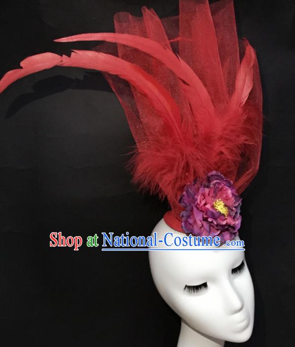 Top Grade Halloween Catwalks Headdress Brazilian Carnival Red Feather Top Hat for Women