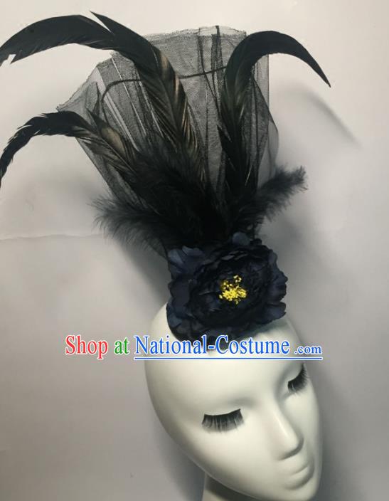 Top Grade Halloween Catwalks Headdress Brazilian Carnival Black Feather Top Hat for Women