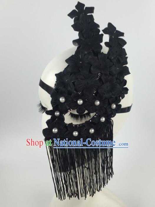 Halloween Exaggerated Accessories Catwalks Black Flowers Tassel Masks for Women