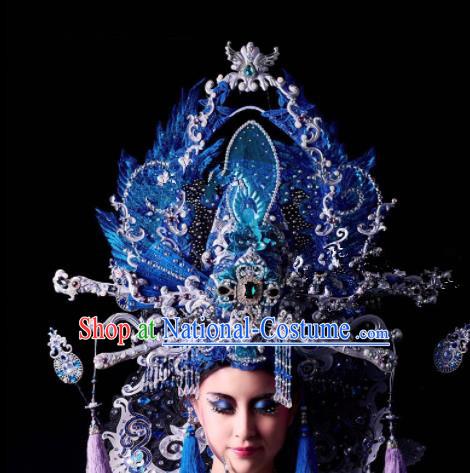 Chinese Traditional Ancient Bride Blue Headdress Palace Wedding Phoenix Coronet Hair Accessories for Women