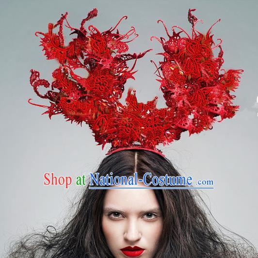 Top Grade Halloween Catwalks Hair Accessories Headdress Palace Red Lace Top Hat for Women