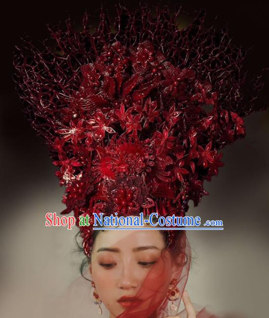 Top Grade Halloween Catwalks Hair Accessories Headdress Palace Red Leaf Hat for Women