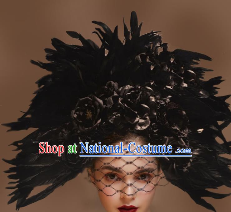 Top Grade Halloween Catwalks Hair Accessories Headdress Palace Black Feather Hat for Women