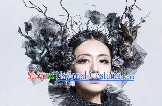 Top Grade Halloween Catwalks Hair Accessories Headdress Palace Black Roses Hat for Women