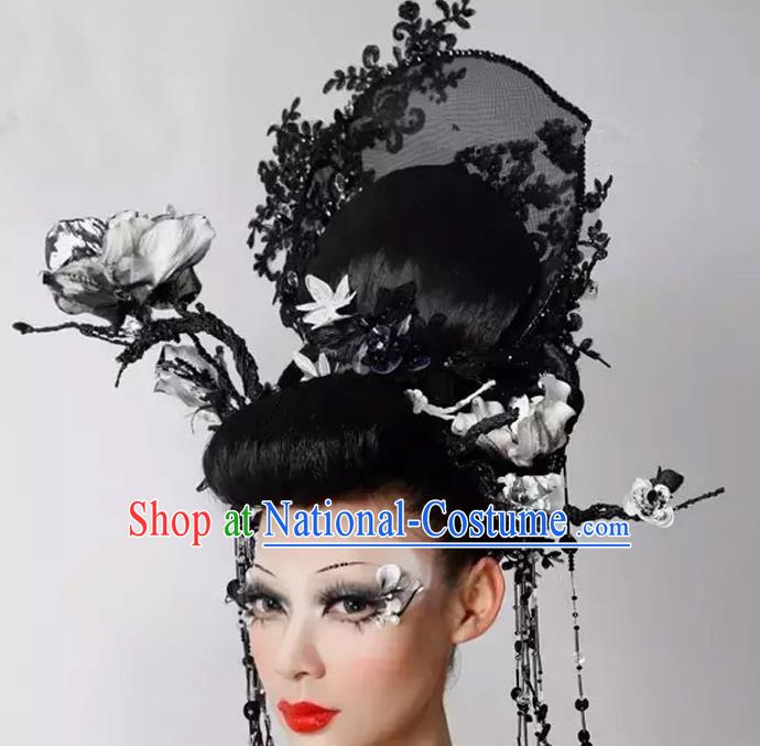 Top Grade Halloween Catwalks Hair Accessories Headdress Baroque Black Hat for Women