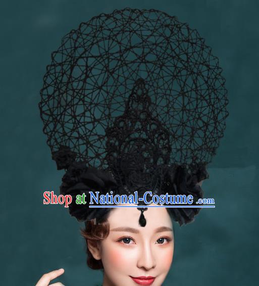 Top Grade Halloween Catwalks Hair Accessories Headdress Baroque Black Peony Hat for Women