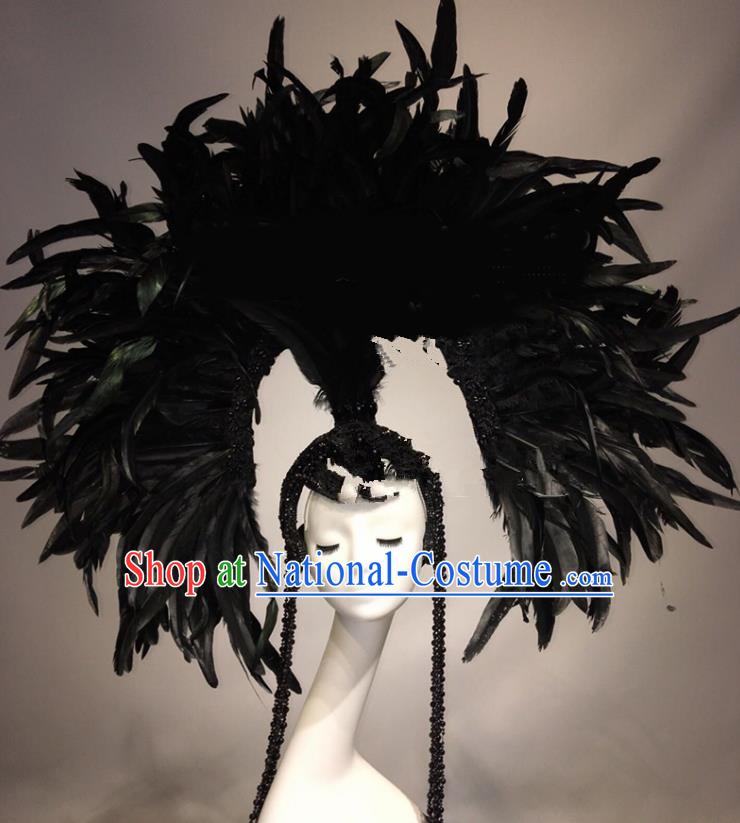 Top Grade Halloween Catwalks Hair Accessories Black Feather Headdress Baroque Hat for Women