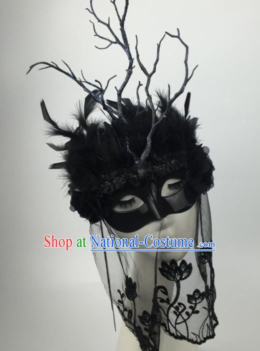 Halloween Exaggerated Accessories Catwalks Black Feather Masks for Women