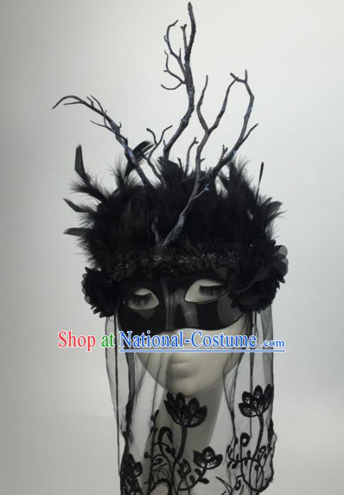 Halloween Exaggerated Accessories Catwalks Black Feather Masks for Women