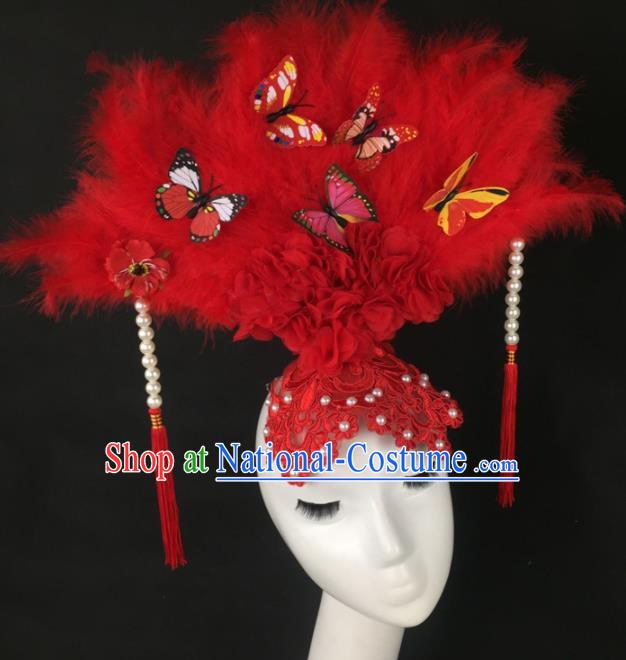 Top Grade Halloween Catwalks Hair Accessories Brazilian Carnival Red Feather Lace Headdress for Women