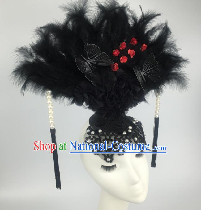 Top Grade Halloween Catwalks Hair Accessories Brazilian Carnival Black Feather Lace Headdress for Women