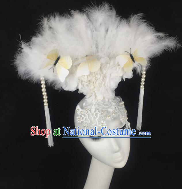 Top Grade Halloween Catwalks Hair Accessories Brazilian Carnival White Feather Lace Headdress for Women