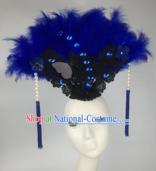 Top Grade Halloween Catwalks Hair Accessories Brazilian Carnival Blue Feather Lace Headdress for Women