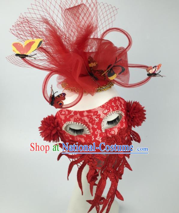 Halloween Exaggerated Accessories Catwalks Red Lace Butterfly Masks for Women