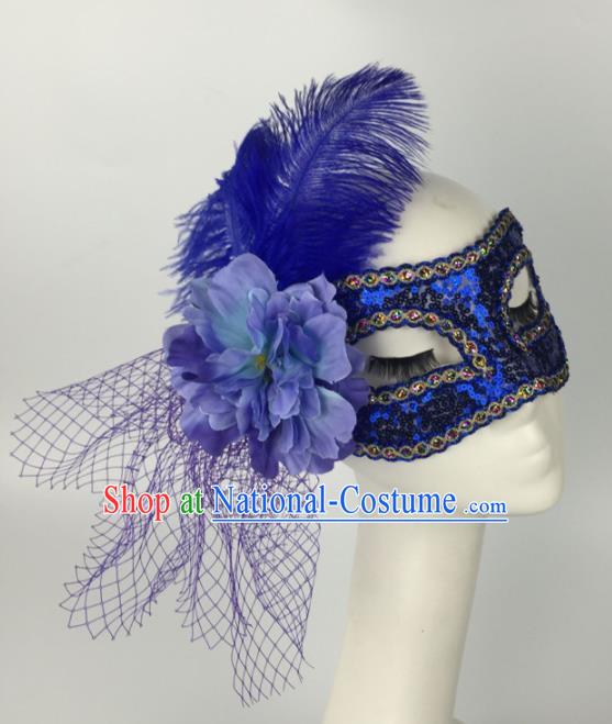 Halloween Exaggerated Accessories Catwalks Blue Feather Sequins Masks for Women