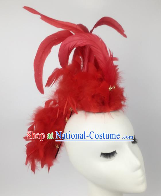 Top Grade Halloween Catwalks Hair Accessories Brazilian Carnival Red Feather Headdress for Women