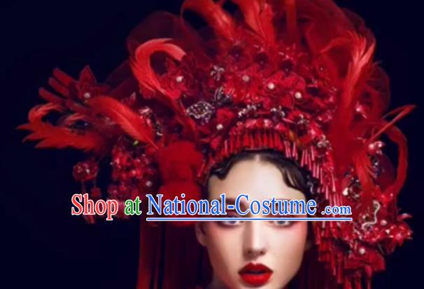 Top Grade Halloween Catwalks Hair Accessories Baroque Bride Red Feather Headwear for Women