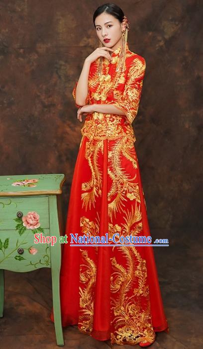 Chinese Traditional Wedding Costumes Ancient Bride Embroidered Red Xiuhe Suits for Women