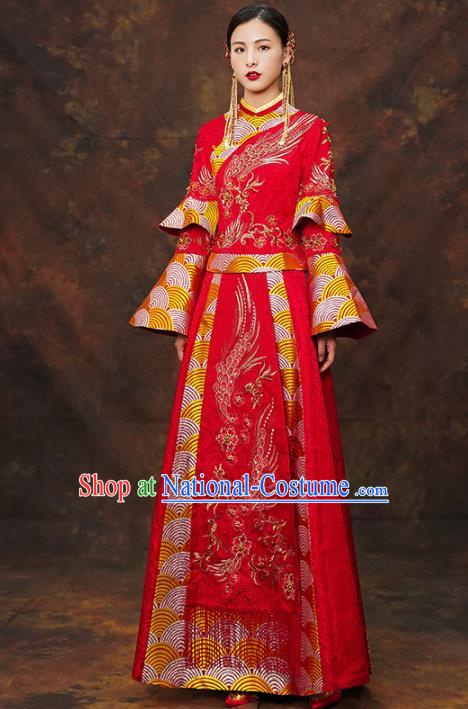 Chinese Traditional Wedding Red Costumes Ancient Bride Embroidered Xiuhe Suits for Women