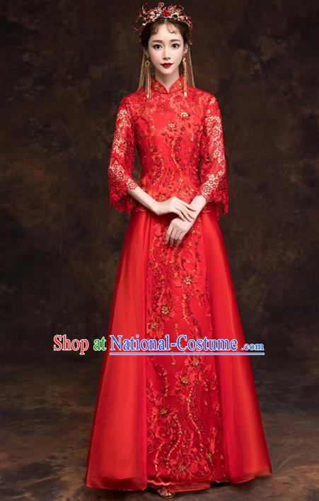 Chinese Traditional Wedding Red Costumes Ancient Bride Embroidered Lace Xiuhe Suits for Women