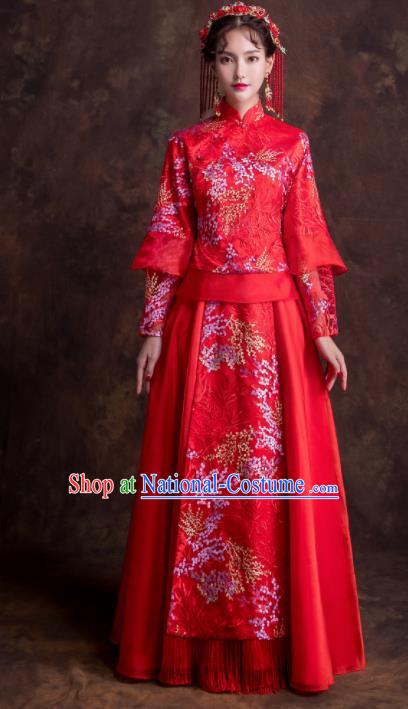 Chinese Traditional Wedding Costumes Ancient Bride Embroidered Dress Red Xiuhe Suits for Women