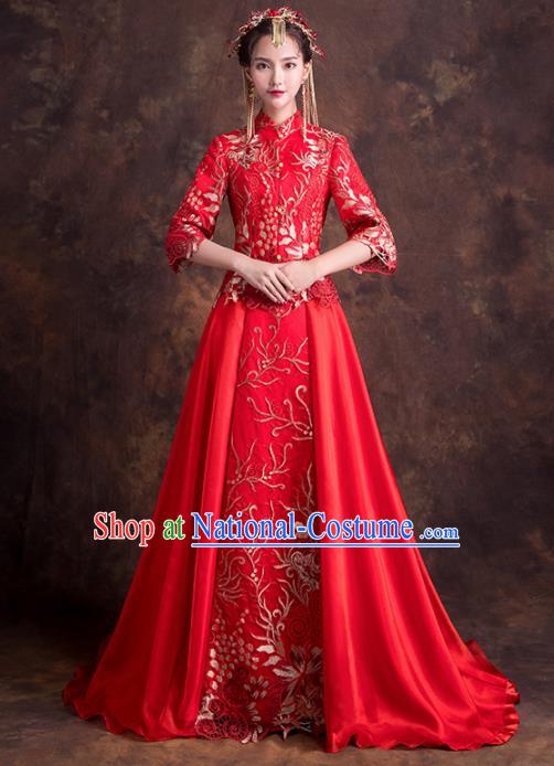 Chinese Traditional Wedding Dress Ancient Bride Embroidered Costumes Red Xiuhe Suits for Women